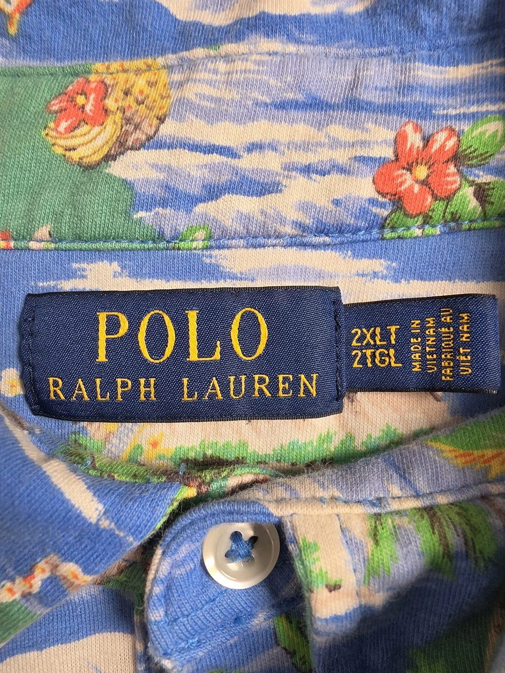 Ralph Lauren Blue Hawaiian Polo with Green Island Motifs
